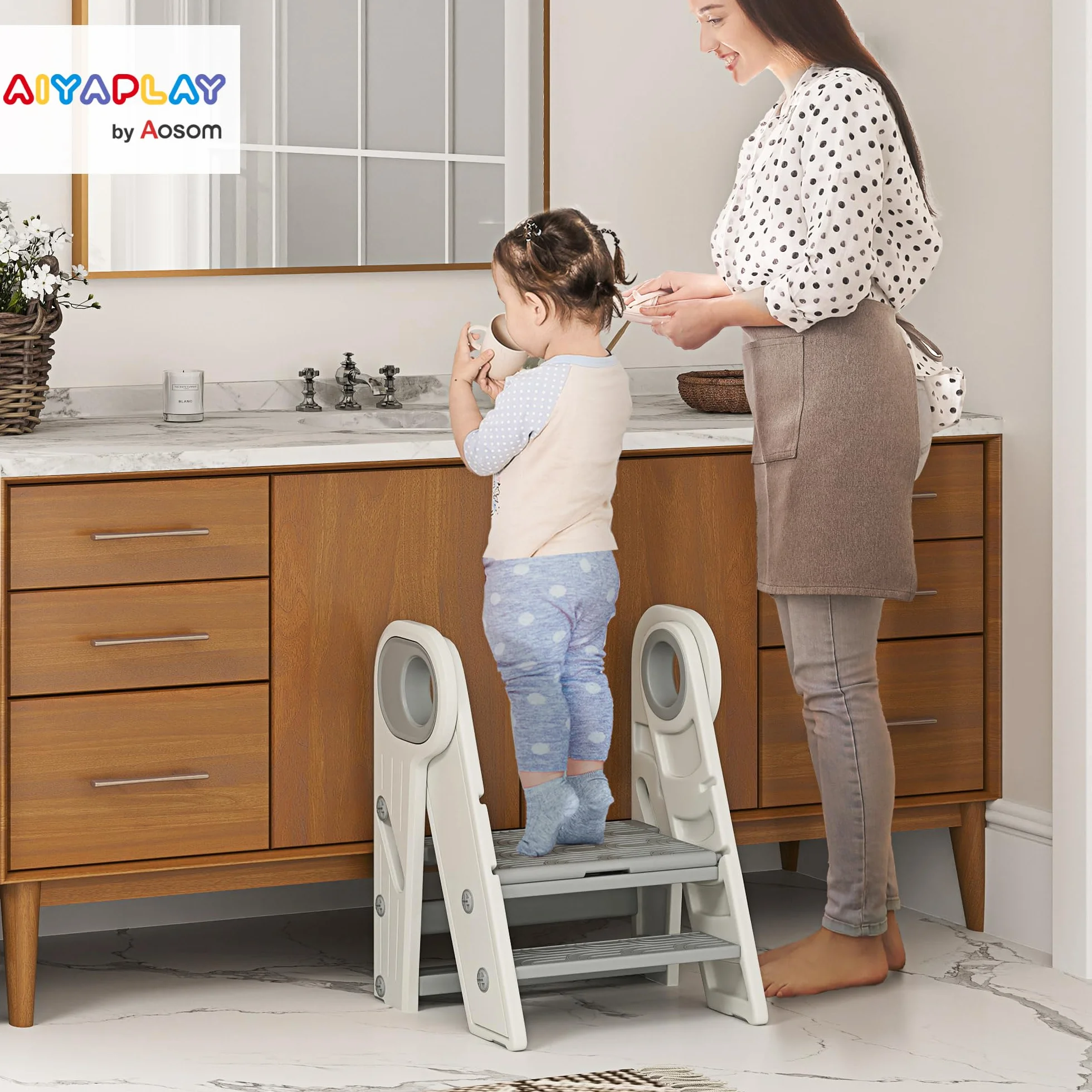 AIYAPLAY Taburete Plegable Torre de Aprendizaje Ajustable para Niños 18-60 Meses Antideslizante Gris y Blanco