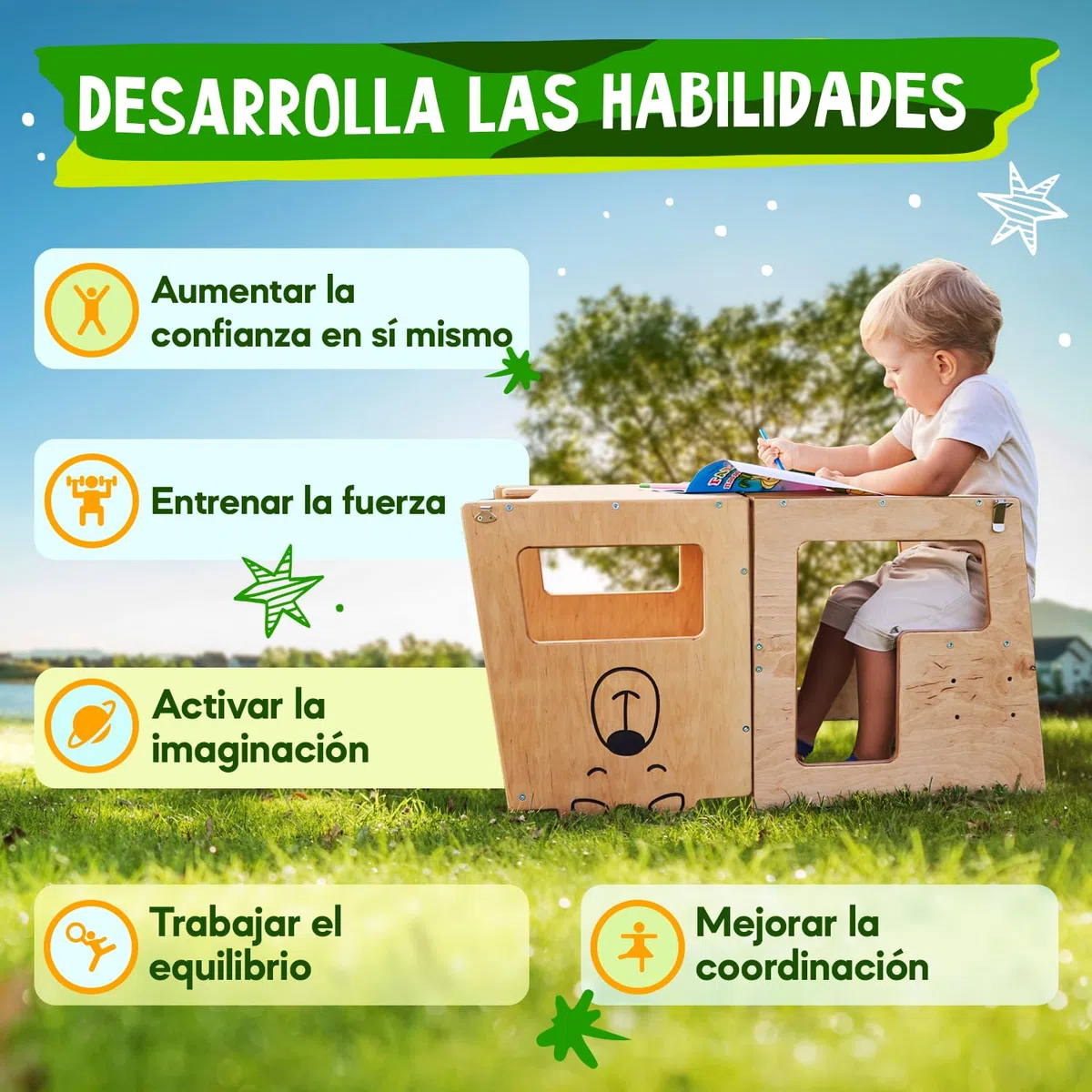 KAUZA Torre de Aprendizaje Montessori Plegable para Niños – Ajustable en Altura, Transformable en Mesa y Silla, Ideal para la Cocina, Juegos y Actividades, Seguridad Garantizada, Madera Natural