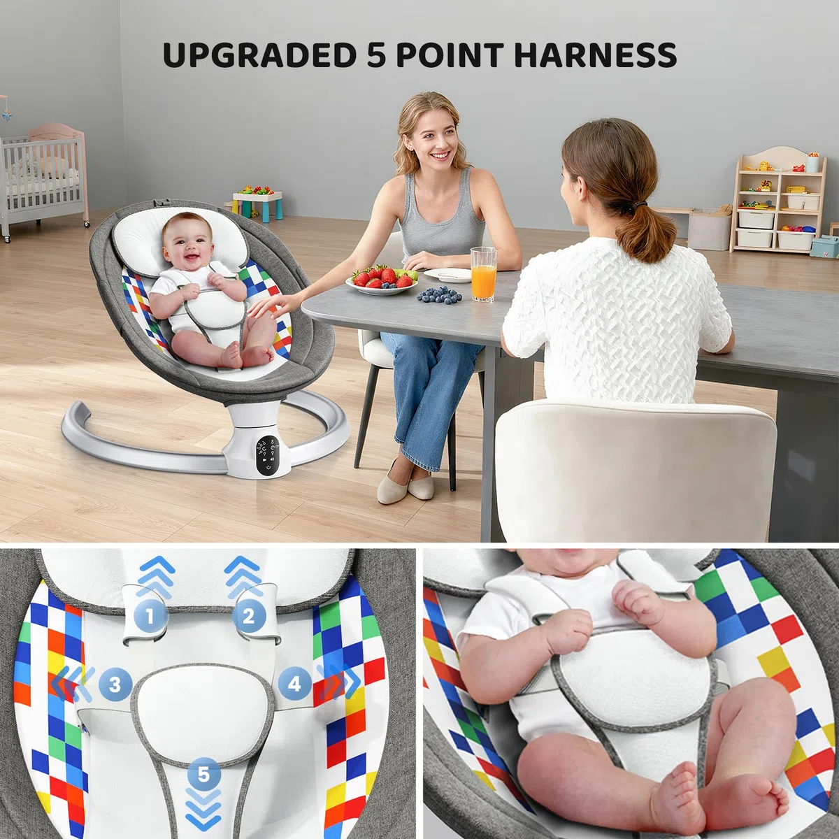 Hamaca para Bebé, Bluetooth Habilitado Eléctrica Silla Mecedora para 0-9 kg de Bebé Funcionamiento con App y Mando a Distancia Balancin para Bebes Arco Regulable, con Melodias