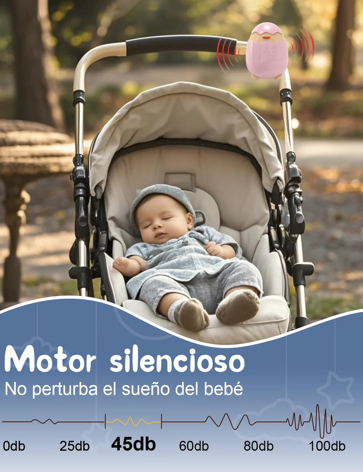 Robofun Baby Rocker-Diseño original-Columpio Para Cochecito De bebé, Ayuda Para Dormir Para Bebés, Temporizador De 30-60-90 Minutos, 5 Niveles De Intensidad – para cochecitos - Rosa