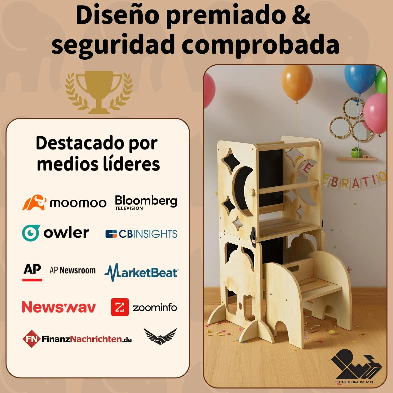 COSYLAND Torre de Aprendizaje Infantil 4 en 1 con Barandilla de Seguridad, Plegable, Doble Pizarra, Natural