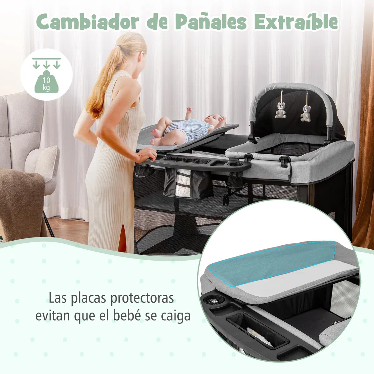 COSTWAY 5 en 1 Cuna de Viaje para Niños, Centro Infantil Portátil con Cuna,Cuna y Cambiador de Pañales, Juego para Bebés y Colchón Extraíble, Cesta de Almacenamiento, 2 Ruedas Bloqueables (Negro)