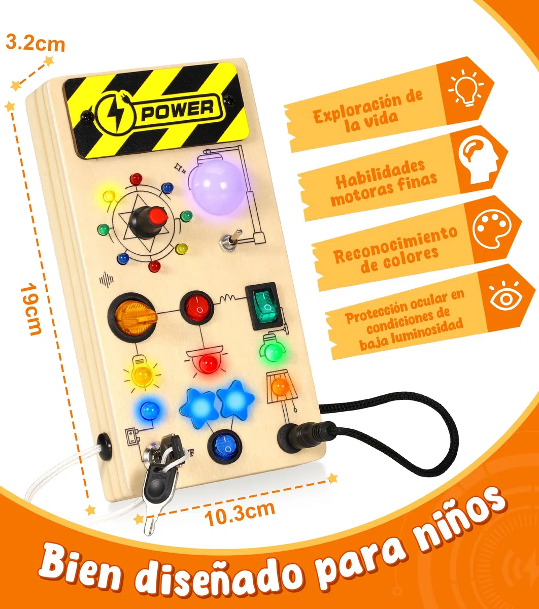 Motessori Busy Board de Actividad Sensorial 1 Año+ con 16 Luces LED y 9 ​​Interruptores, Juguete Educativo Montessori de Madera para Niños y Niñas de 1 a 7 Años, Juguete Educativo de Viaje