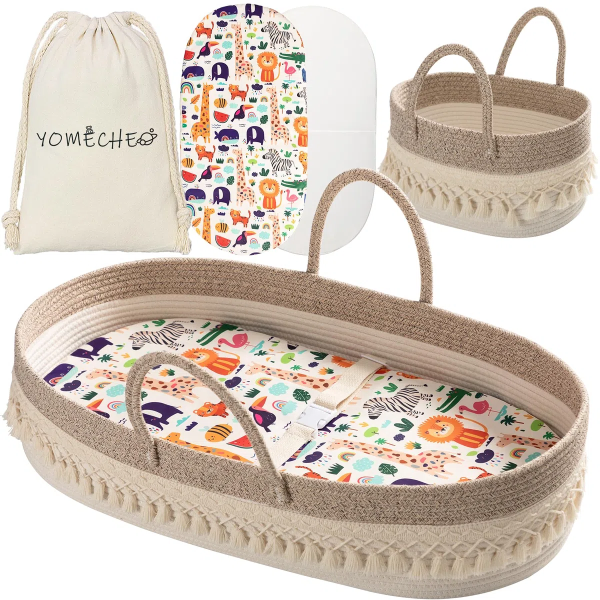 BOHO - Cesta cambiadora para recién nacido, cesta de bebé para cambiador de bebé, cesta cambiadora de pañales para bebé con organizador de pañales, cambiador de dibujos animados, cojín de esponja