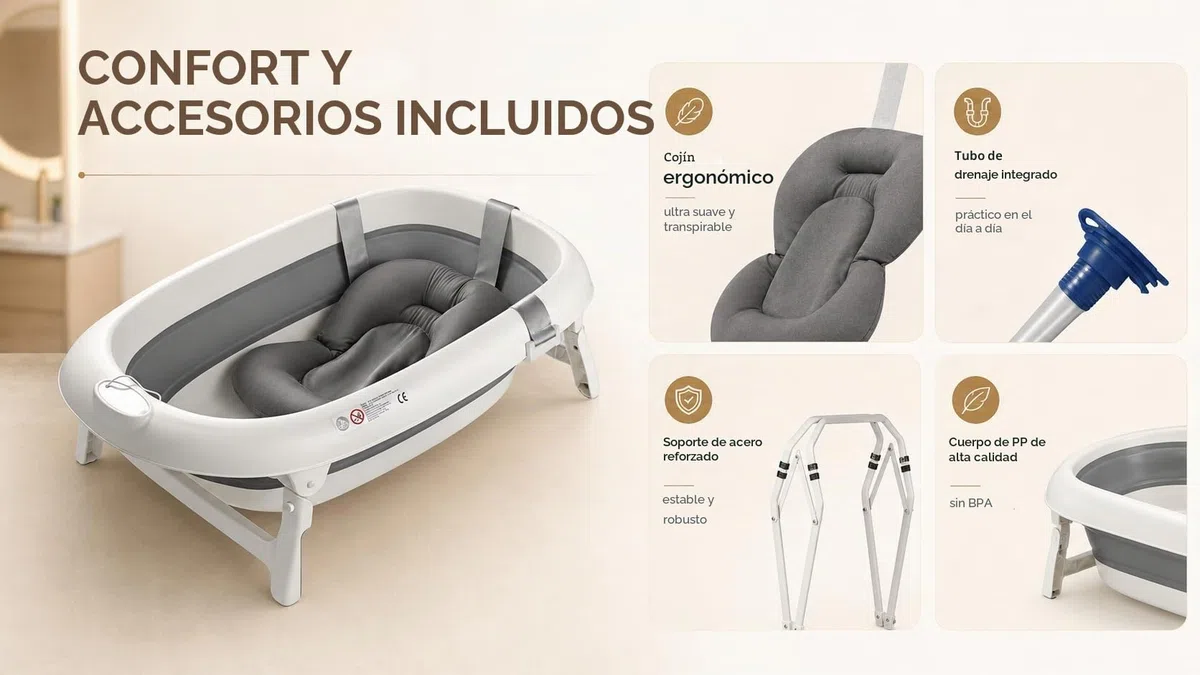 Bañera plegable para bebé con soporte de acero, termómetro integrado, cojín ergonómico y manguera de drenaje - Baby Dolphin - Compacto y transportable 0-3 años, gris