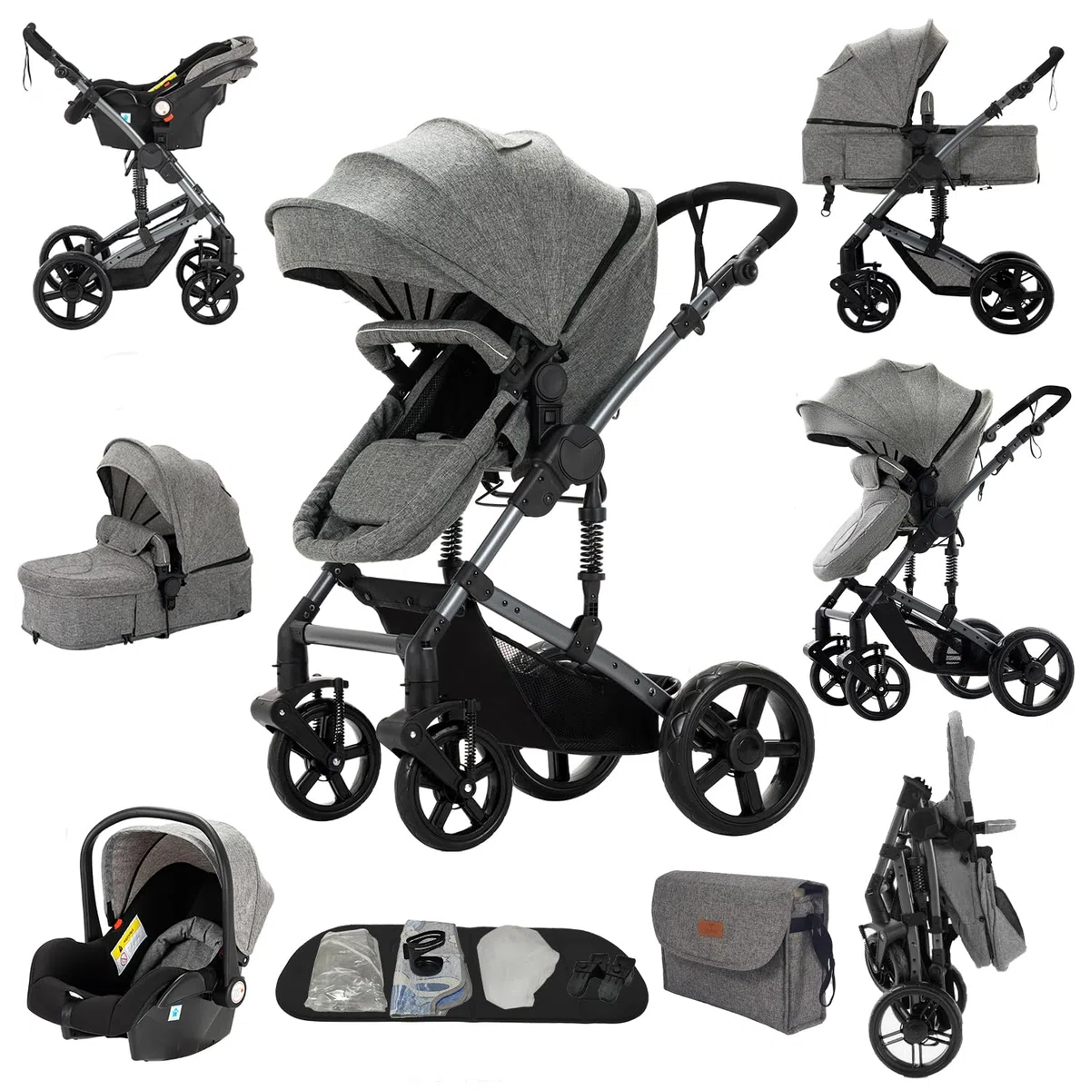 Cochecito 3 en 1, CochIT de Viaje Reclinable y Reversible, Carricoche Carro 3 Piezas Plegable con Un Solo Clic, Carrito con AccITorios Completos y Frenos DoblIT (588 Grey)