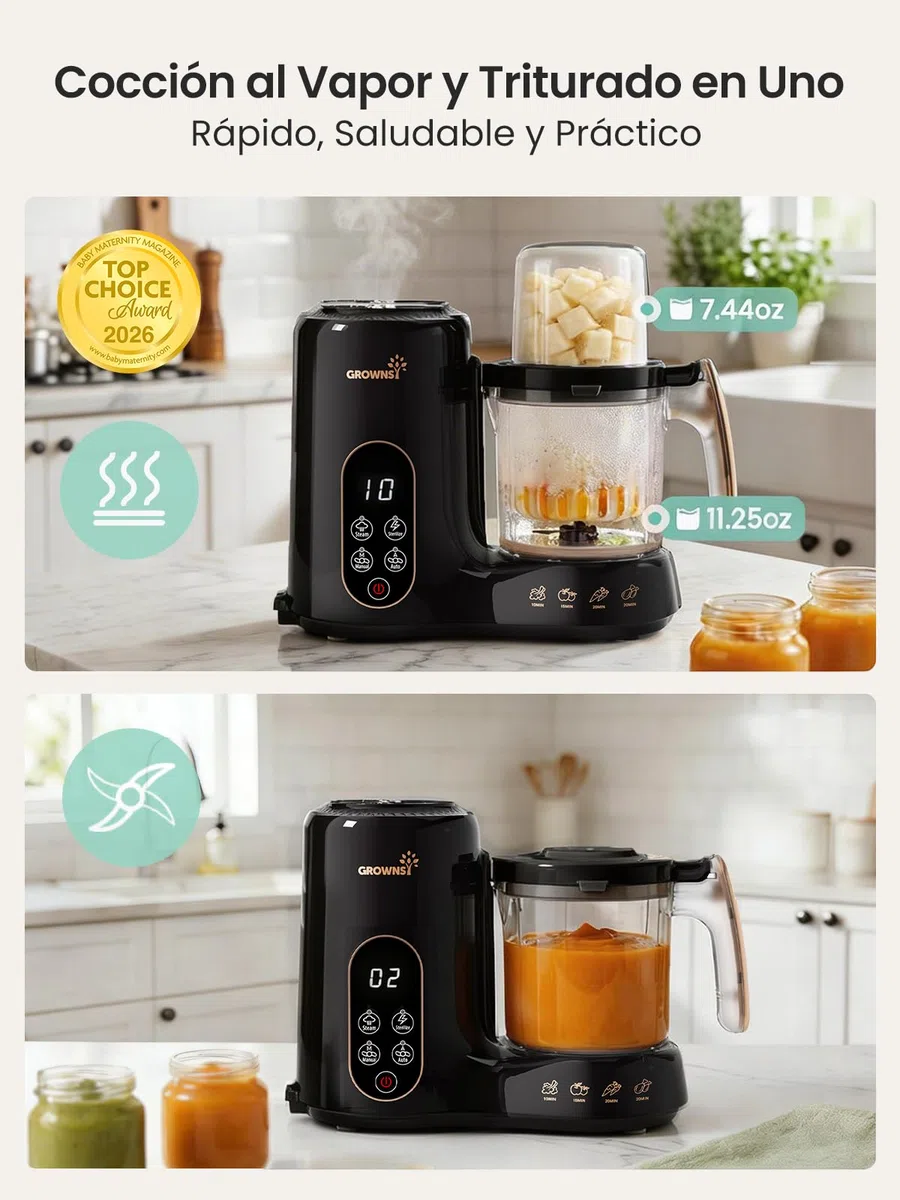 Grownsy Robot de Cocina para Bebé 6 en 1 con Doble Cesta Vapor - Cocina al Vapor, Tritura, Esteriliza, Descongela y Calienta, Comida Casera Saludable, Sin BPA