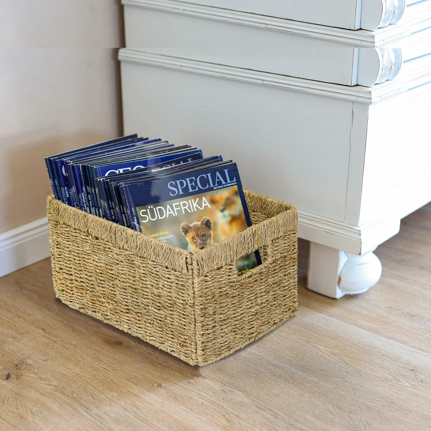 Cesta de almacenamiento compatible con estantería Billy, trenzada de hierba marina, juego de 2, 35 x 25 x 20 cm, Natural