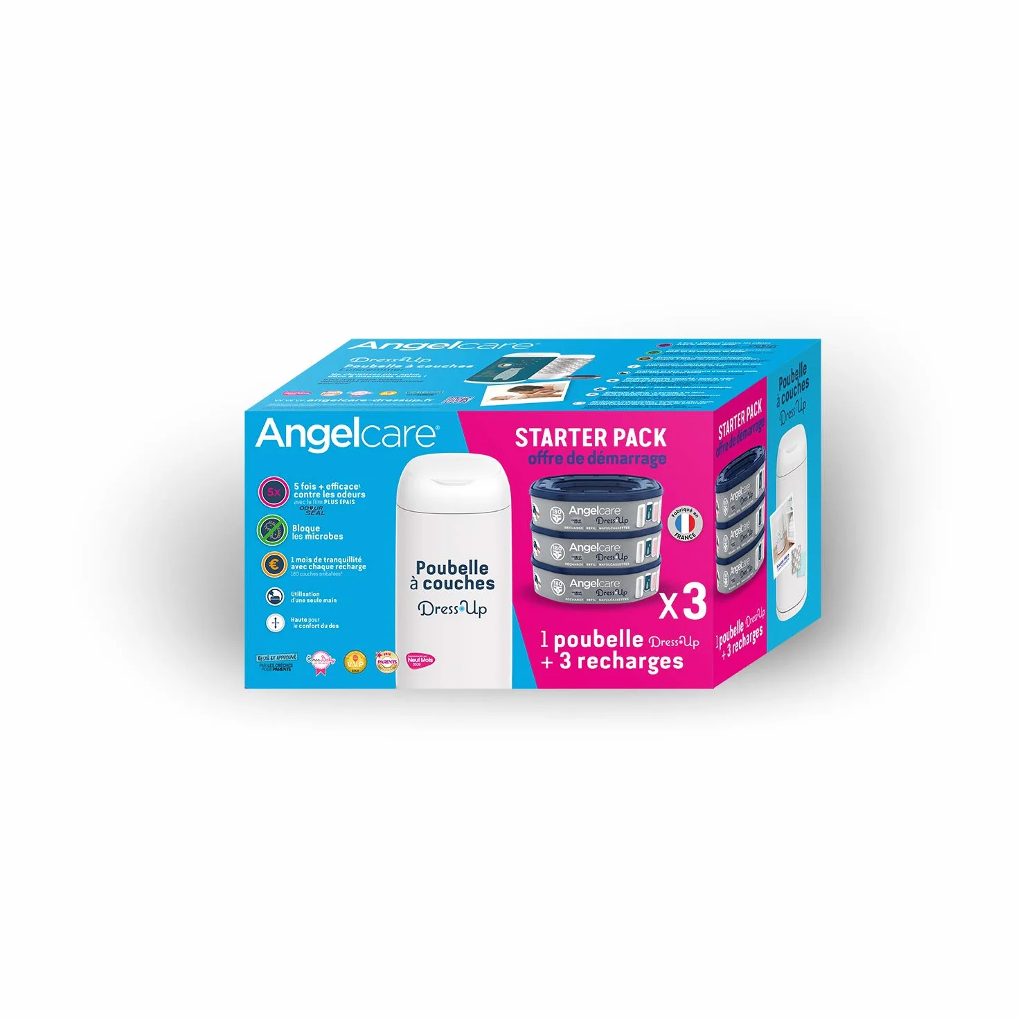 Angelcare - Cubo de basura con pañales y 3 recargas, antiolores/gran capacidad, antibacteriano, uso simple, vestido para arriba, color blanco