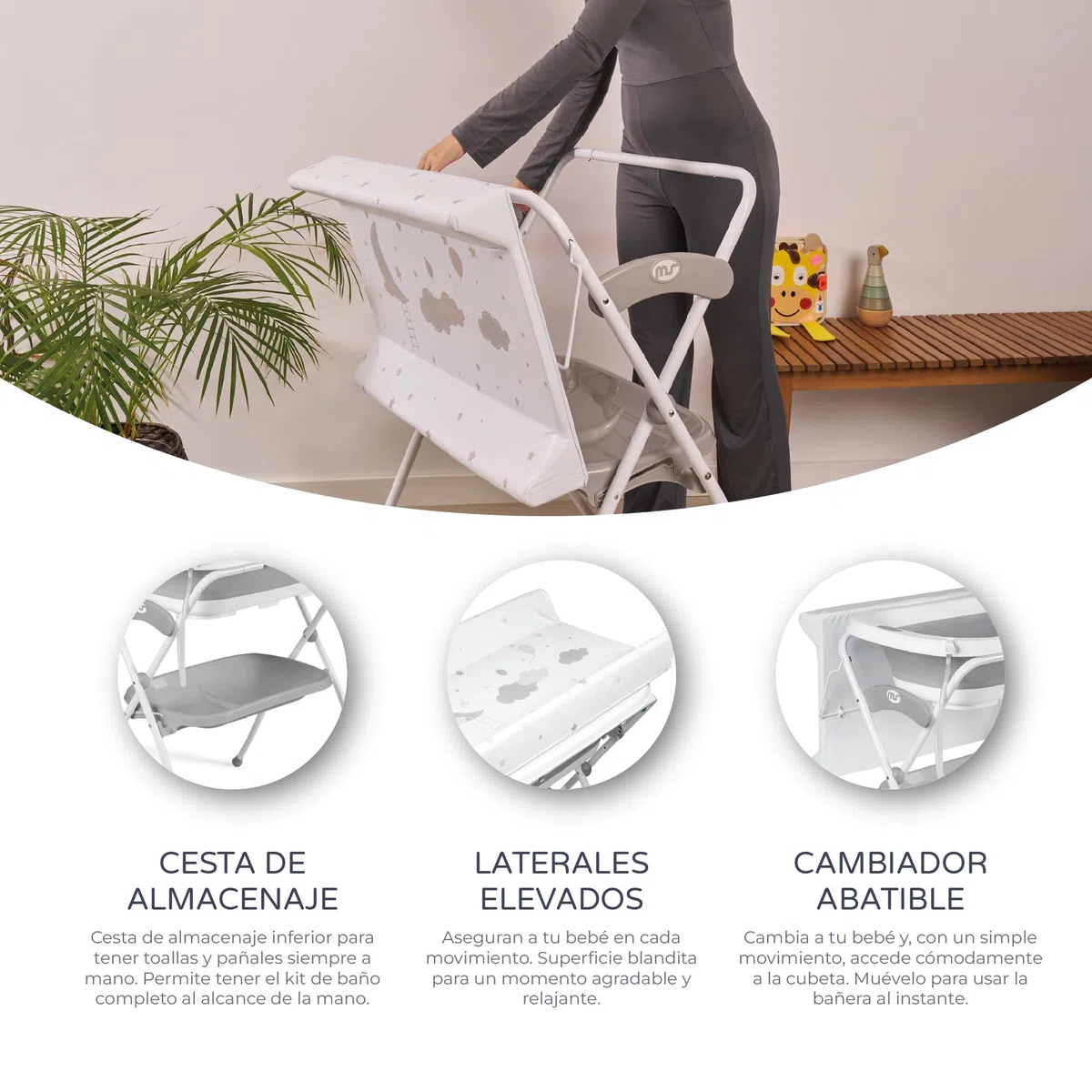 Ms BabyWorld ZOE - Bañera Bebe con Patas, Cambiador, Cojín Reductor y Cesta Portaobjetos - Comoda, Facil de Guardar, con Tapón y Patas Antideslizantes - Bañera Bebé Plegable y Portatil (Gris)