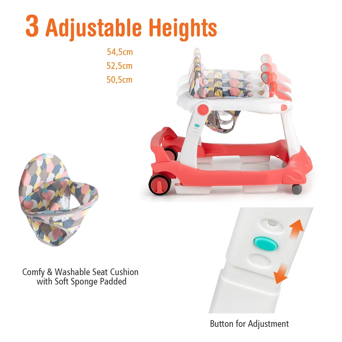 LIFEZEAL Andador 2 en 1, Caminador Plegable con Altura Ajustable 50,5-54,5cm, Andador con Música y Luz para Bebés de 6-18 meses, Desmontaje con un solo toque (Naranja)