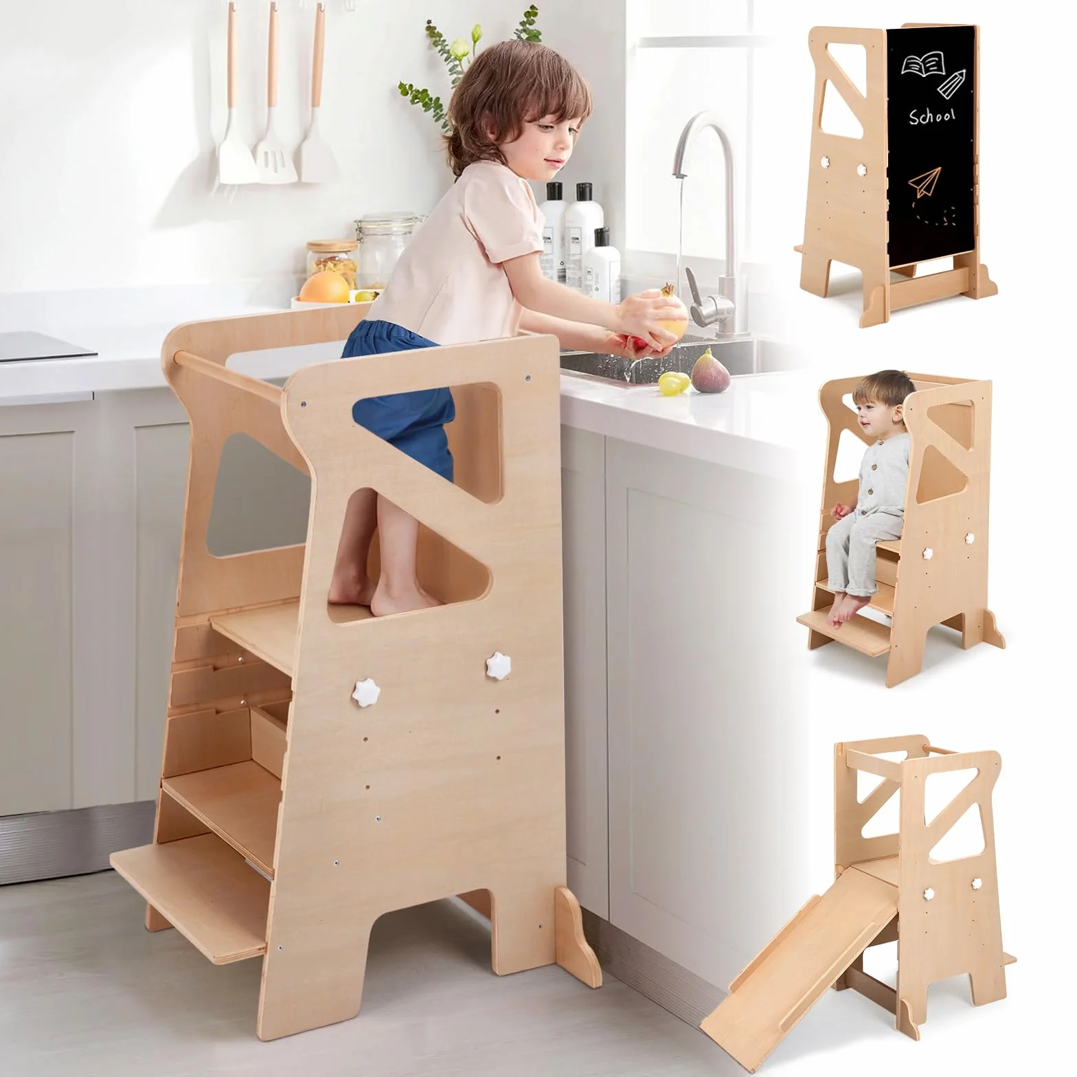 Labebe Torre de Aprendizaje Montessori 4 en 1 Regulable en Altura con Tobogán y Pizarra