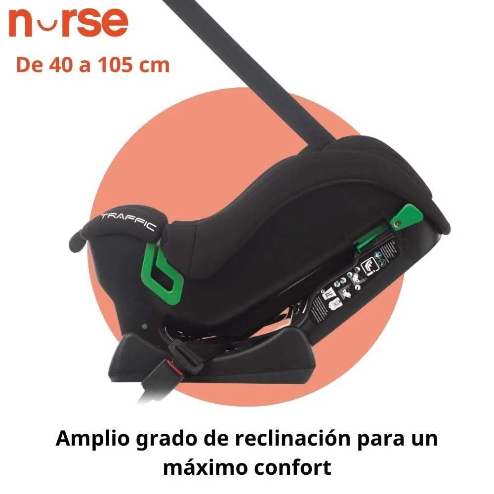 Nurse Traffic Silla de Coche i-Size 40-150 cm, 0-12 Años, Sin Isofix, Contramarcha, Reclinable, con Reductor, Instalación con Cinturón, Negro