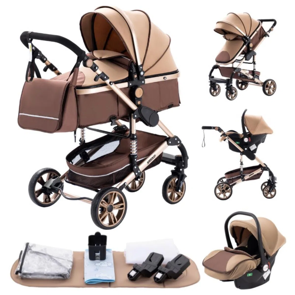 GLOKID Carrito bebé 3 en 1, Carro, Carrito bebé 3 Piezas, Silla Paseo, Sistema de viaje, Plegable, neumáticos de caucho, Con accesorios, Góndola, Adaptateurs, 25 kg (739 kaki)…