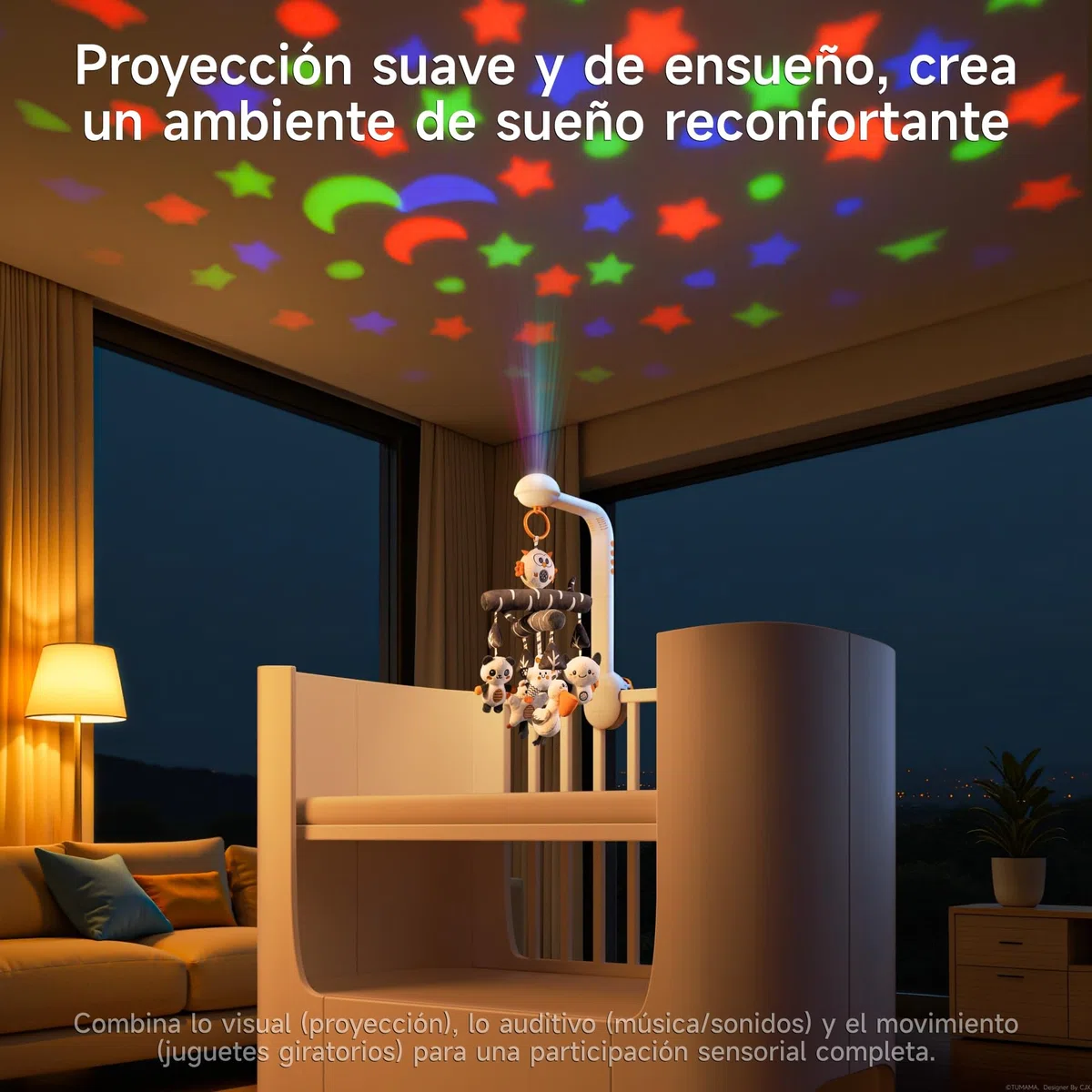 TUMAMA Movil Cuna Bebe, Juguete de Cuna moviles bebes, 3 en 1 con Desmontable Colgante, Luz Nocturna de Proyección, Música y Ruido Blanco, Juguetes sensoriales de Kinderwagen para 0 2 3 6 Meses