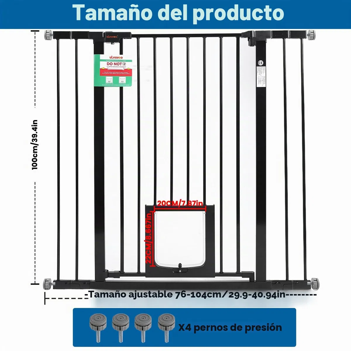 UBRAVOO Barrera de Seguridad Puerta para Bebés Puerta para Perros Altura 100 CM Puerta de Seguridad para Niños 76-104 cm de Ancho Cierre Automático Triple Bloqueo Abierto Mantenga la Puerta