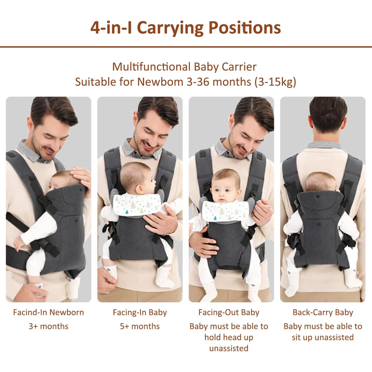 IULONEE Mochila Portabebés para Bebe porteo Tirantes para bebés Delantera y trasera Ergonómicas Baby Carrier Wrap para Niños de 3-36 Meses(3-15kg) Gris