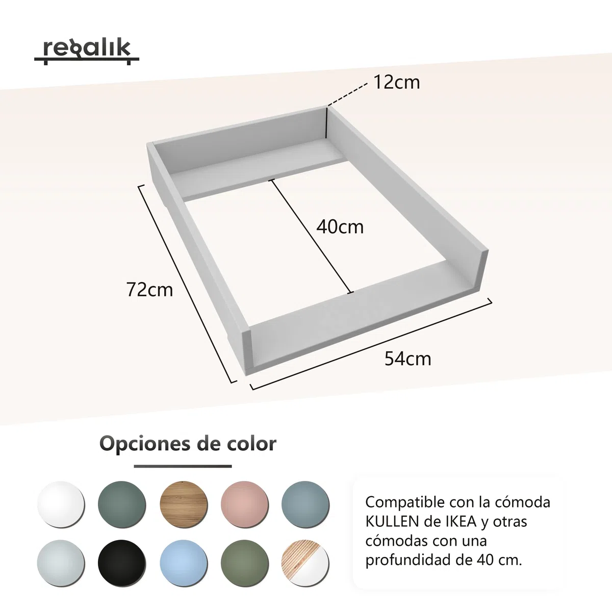 Cambiador para Kullen, Accesorio para Cambiador para Cómodas de 40 cm, Accesorio Desmontable para Cambiador, Paneles Frontales Redondeados, Roble, 72 cm x 54 cm