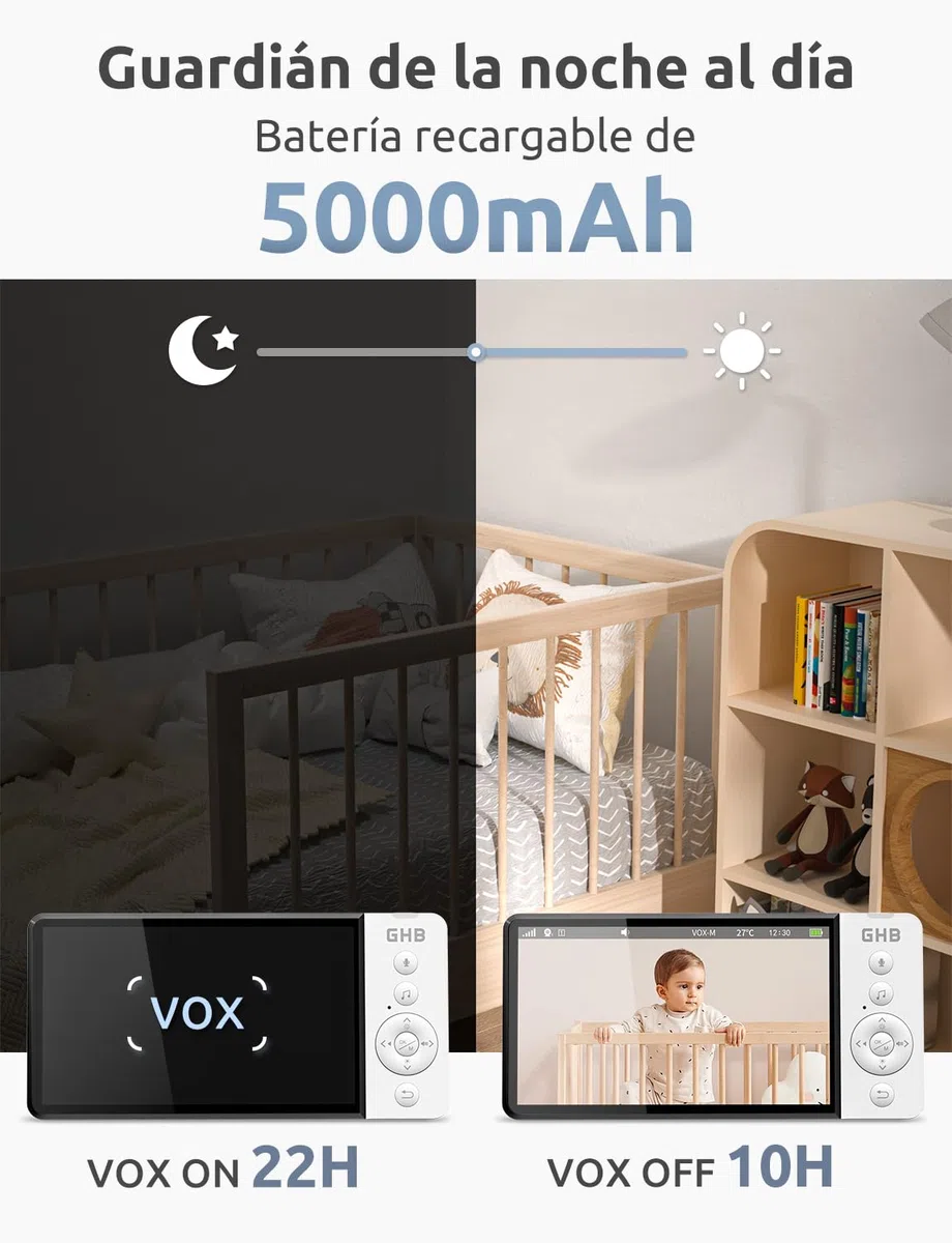 GHB Camara Vigilancia Bebe 5" 720P HD IPS Vigilabebes con Camara con Pantalla de 5000mAh, Visión Nocturna, Comunicación Bidirecciona Escucha Bebes