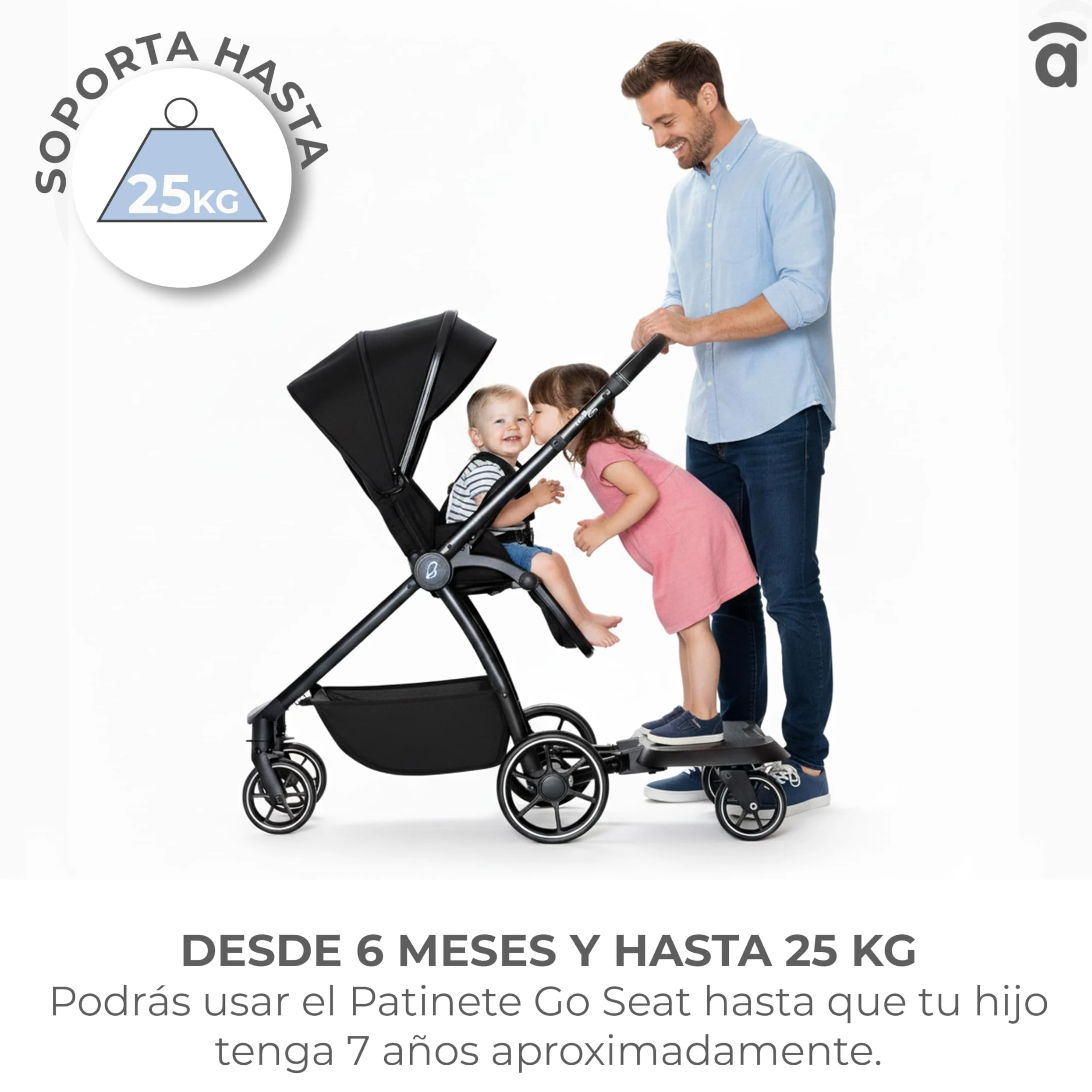Asalvo GO SEAT 2 IN 1 Patinete 2 en 1 para silla de paseo Go Seat, Universal, Patin Carro Para Bebe Apto para el 99% de todos los cochecitos, Tabla para Cochecito, Niños de 2 a 5 Años 20 kg, Negro