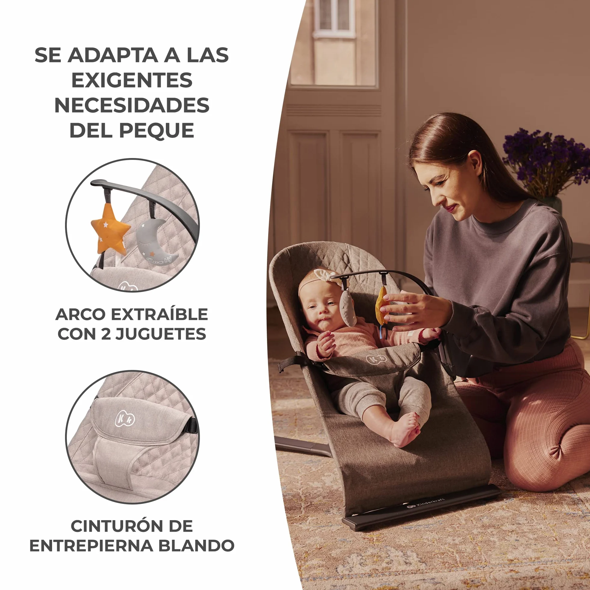 Kinderkraft MIMI Hamaca bebé Balancin 0-9 kg Plegado Compacto Reclinable una mano Movimiento natural Arco juguetes Beige