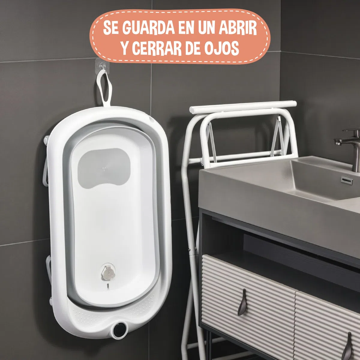 SUPERBE BEBE Bañera Plegable Bebé con Patas y Soporte – Baby Bathtub XXL con Termómetro, Asiento Ergonómico y Tubo de Desagüe – Desde recién nacido hasta 3 años para bebés - Cadeau Bebé
