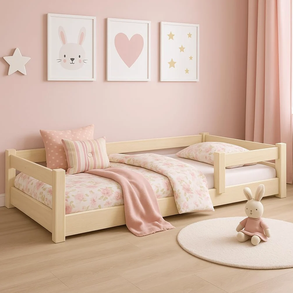 KOBI Cama Infantil 120x60 cm, con barandilla - Nordi Cama de Suelo de Madera de Pino Natural