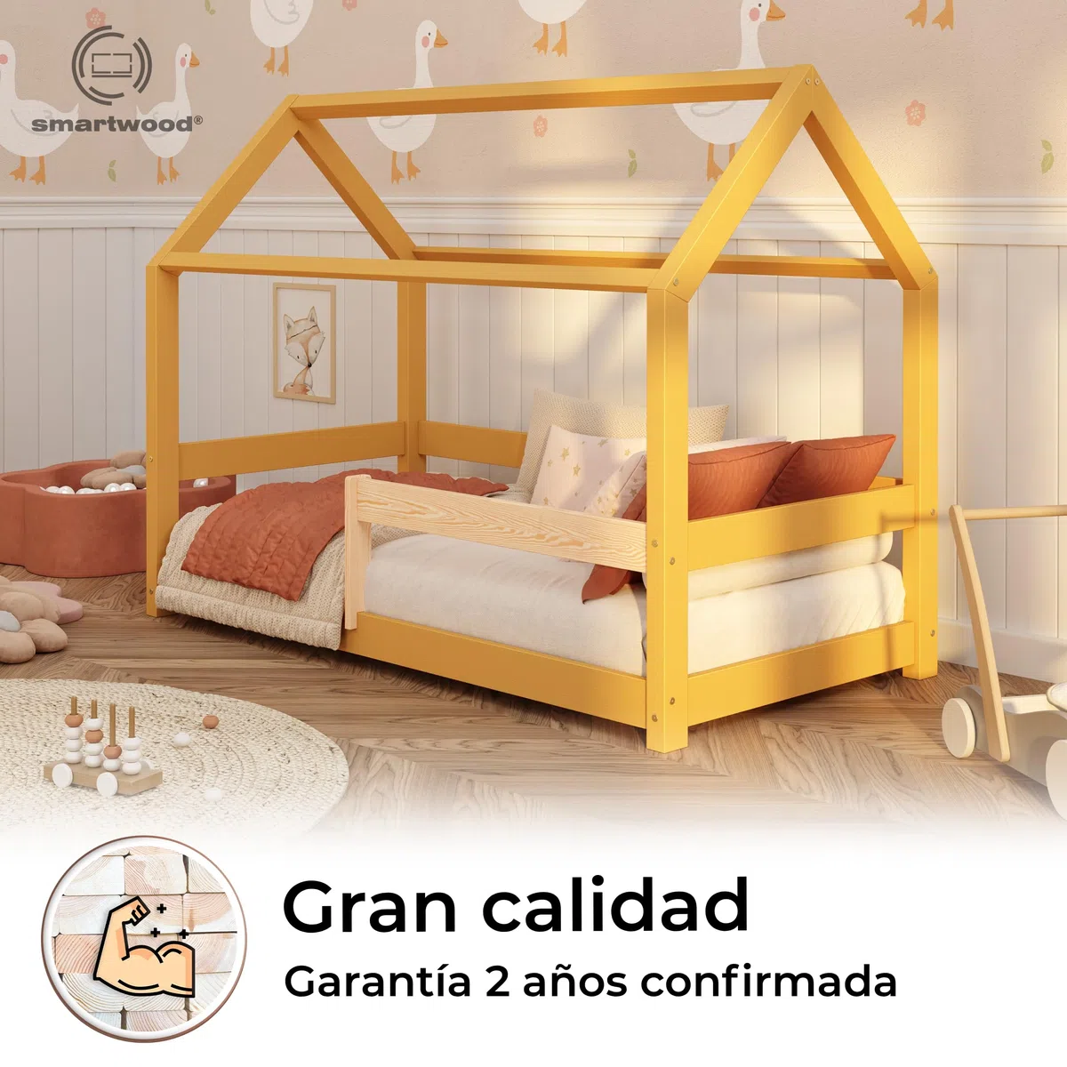 smartwood Cama Casita 90x190 cm de Madera Maciza - Cama Montessori con Barandilla y Somier hasta 230 kg - Diseño Escandinavo - para Niños y Niñas - Montaje Fácil - Milo