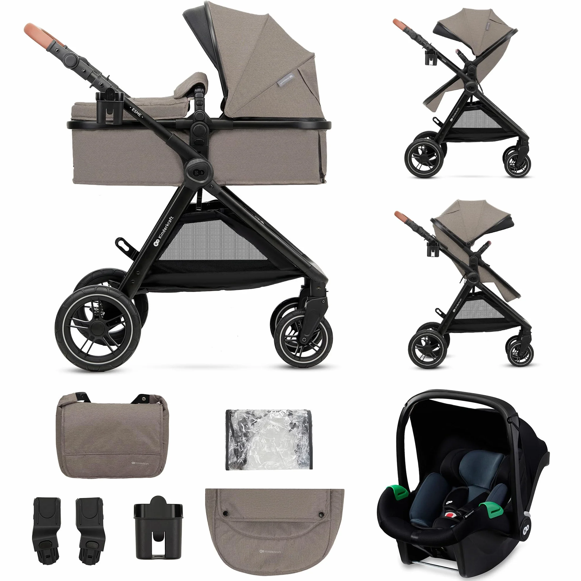 Kinderkraft ESME Carrito bebé 3 en 1 Set, con Portabebés Mink PRO I-Size, Sistema de Viaje, Cochecito para Bebé, Cochecito, Plegable, para Recién Nacido hasta 4 Años, Beige