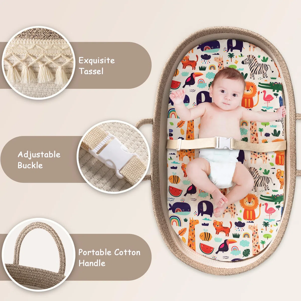BOHO - Cesta cambiadora para recién nacido, cesta de bebé para cambiador de bebé, cesta cambiadora de pañales para bebé con organizador de pañales, cambiador de dibujos animados, cojín de esponja
