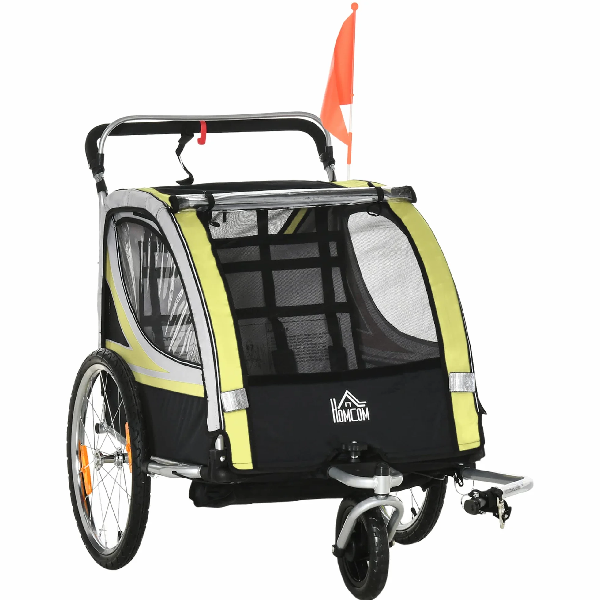 HOMCOM Remolque de Bicicleta para Niños y Silla de Paseo, Diseño 2 en 1 con Freno, Cinturón de 5 Puntos, Carrito Remolque para Bicicleta con Bolsillos Laterales, Catadióptricos y Banderita, Amarillo