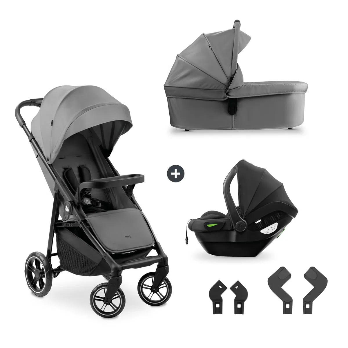 hauck Carro Bebe 3 Piezas Shop N Care Trio Set - Set de Carrito 3 en 1 con Cochecito, Silla de Coche y Silla de Paseo desde el Nacimiento hasta 22 kg, Compacto, Reclinable, Protección UV 50+ - Gris