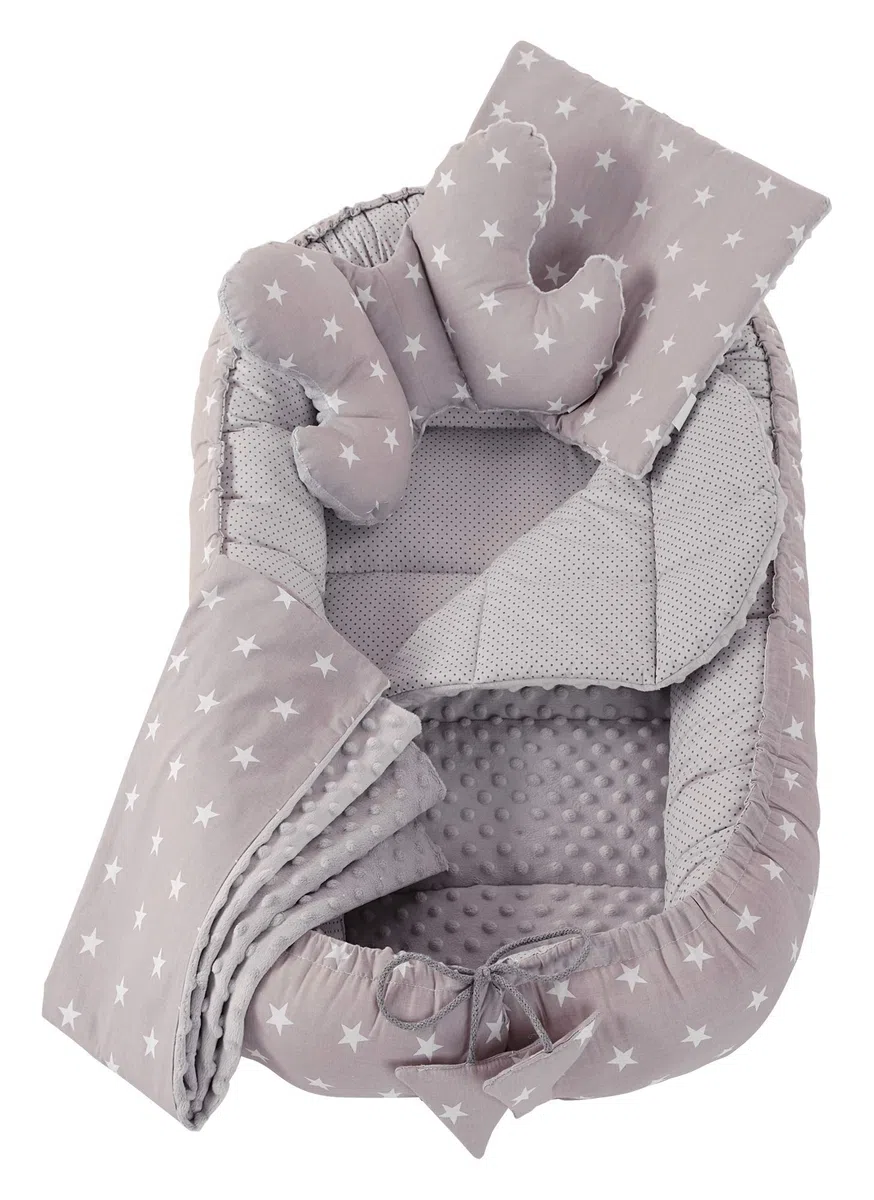 Medi Partners Juego de Cuna de 5 Piezas Incluye Nido para bebé de 100x60x15cm 100% algodón cojín Plano Manta para Gatear cojín de Mariposa (Estrellas con Gris)