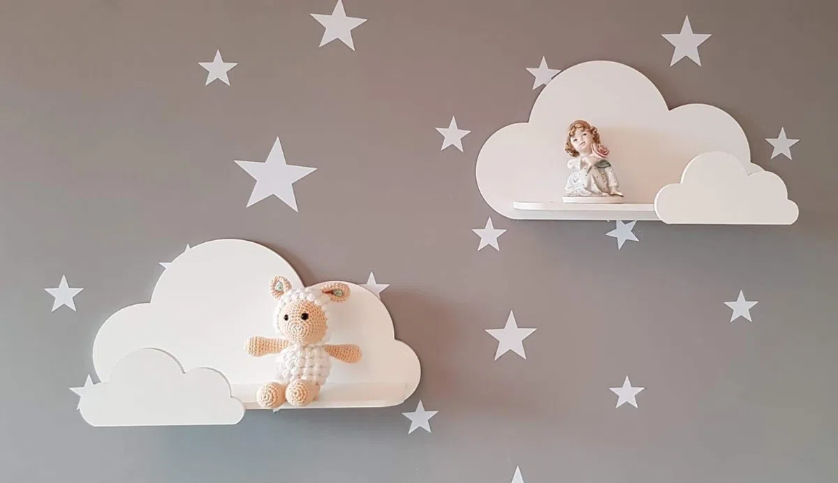 Happy Woody Juego de 2 estantes de Pared Nube para habitación Infantil, Estante Flotante de Madera, decoración de habitación de bebé, habitación Infantil, decoración de Pared, Caja de Regalo (Gris)