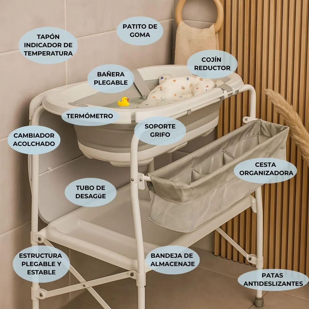 BATHBY Bañera Bebé con Patas Multifuncional 6 en 1: Plegable con Soporte, con Termómetro, Cojín Reductor, Cambiador, Bandeja y Cesta Organizadoras, Desagüe con Tubo y Soporte para Ducha, (Gris Pro)