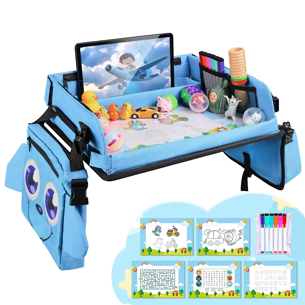Bandeja de Mesa para Niños Mesa Coche Niños Plegable con Tablero Impermeable del Acolchado Suave Bandeja de Viaje Niños Bandeja de Regazo para Coche/Avión/Mesa de Bebé