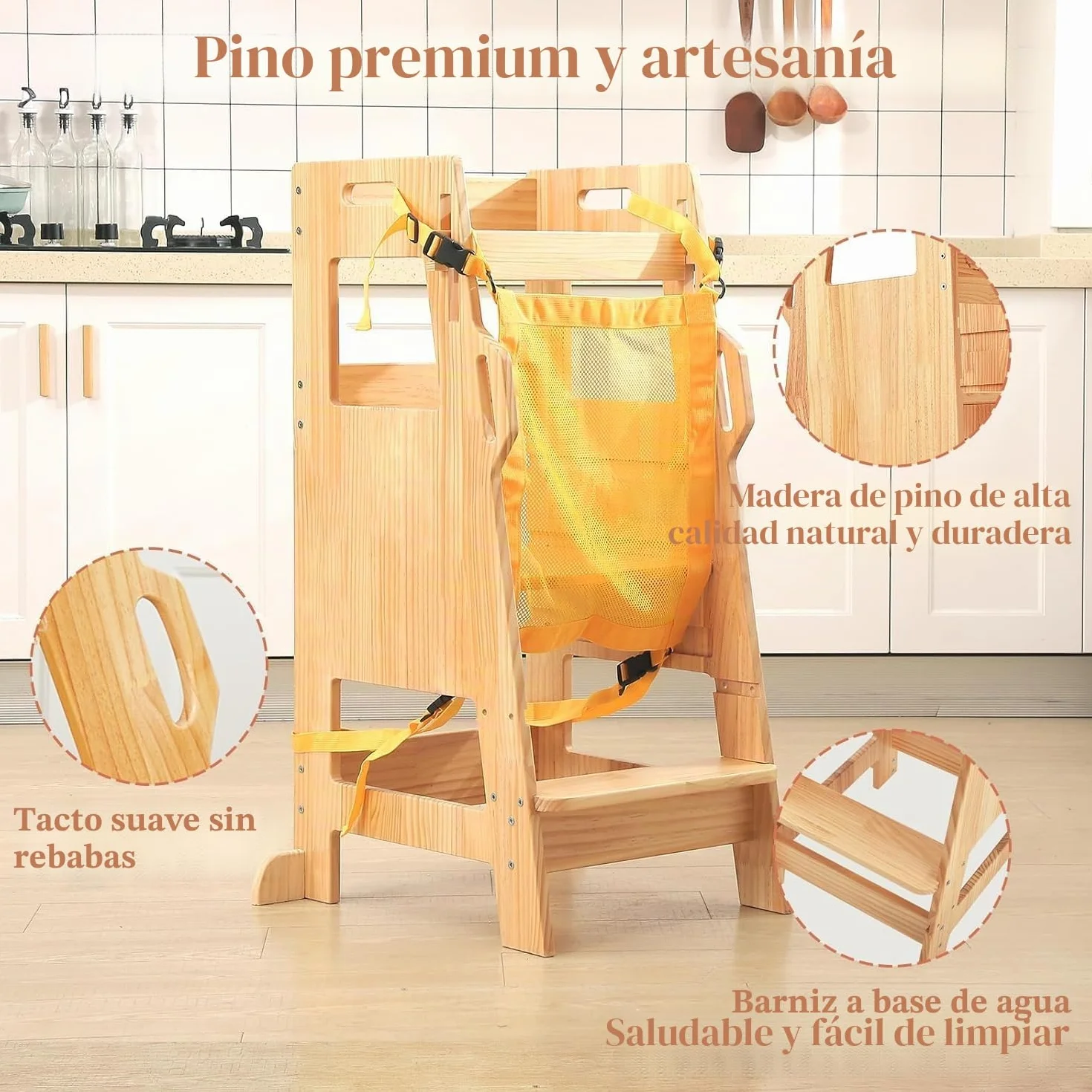 FUNLIO Torre de Aprendizaje con Red de Seguridad, Taburete Cocina Niños Ajustable 3 Niveles Montessori