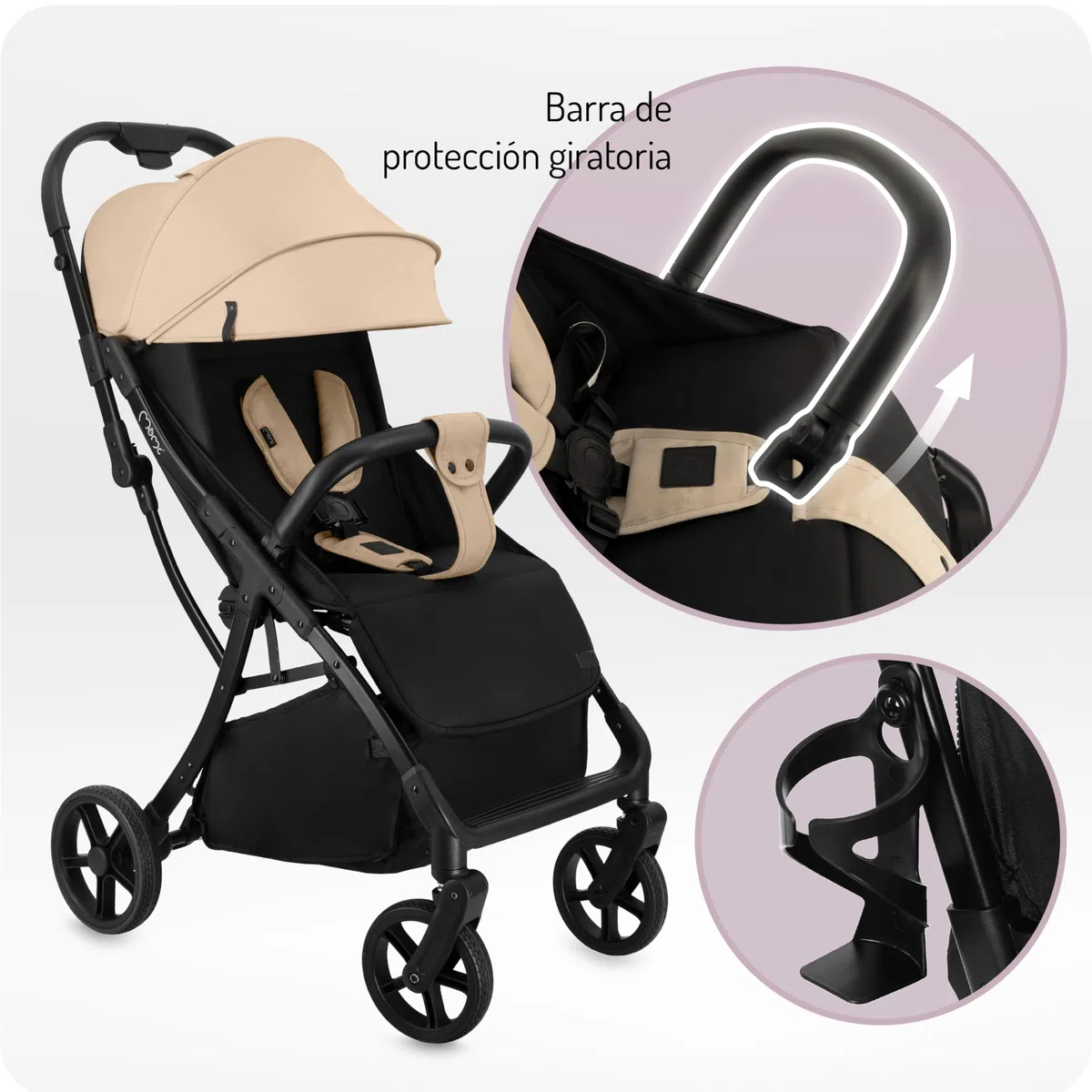 MoMi PAOLA Silla de Paseo Ligera y Compacta hasta 22 kg, Plegado Automático, Arnés de 5 Puntos, Ruedas con Suspensión, Cesta de Almacenamiento, Portavasos