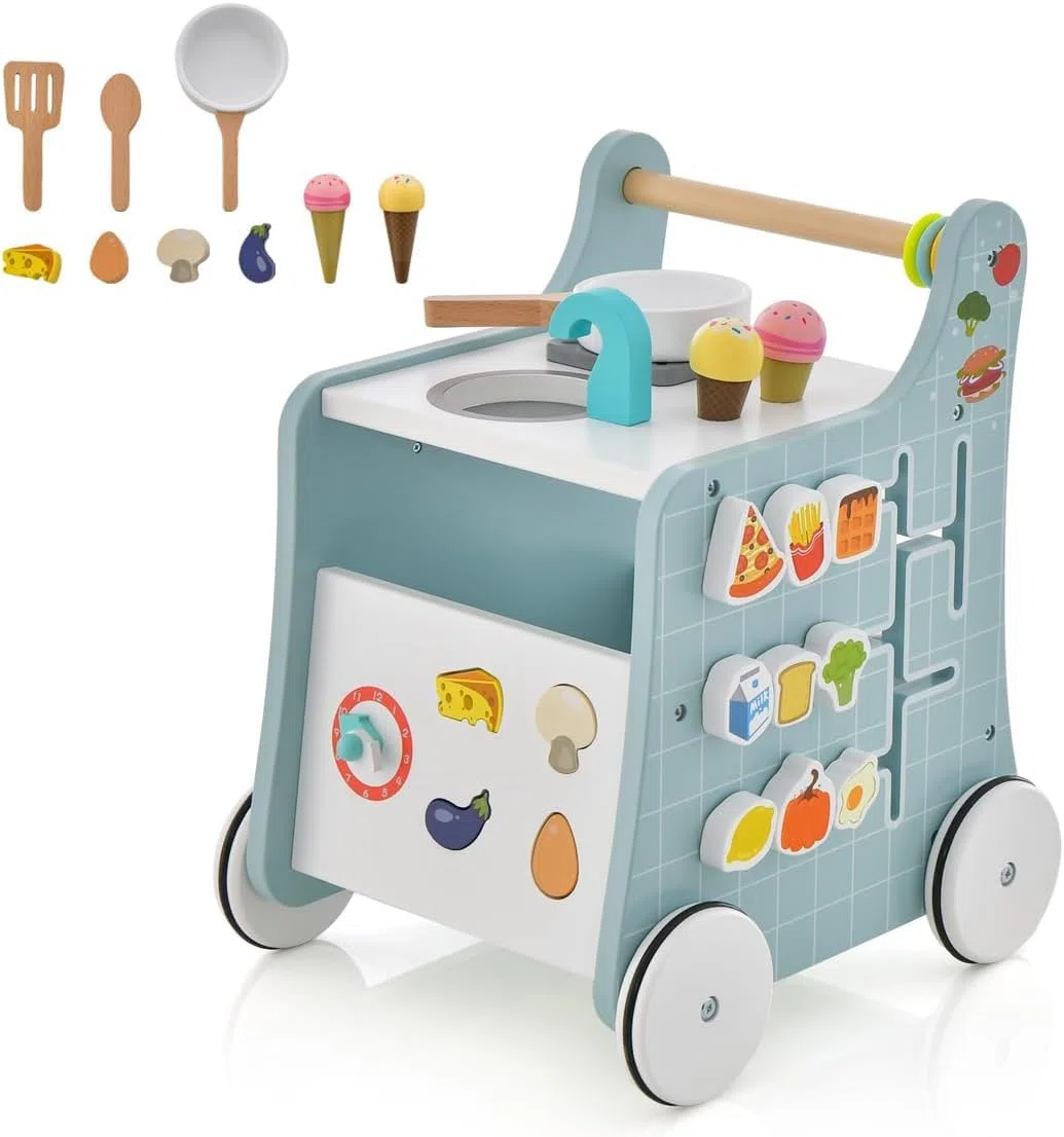 RELAX4LIFE Andador de Madera para Bebés con Accesorios y Ruedas, Carrito de Helados de Juguete Multifuncional, Juguete Montessori, Centro de Actividades para Niños 1+ Año (Azul)
