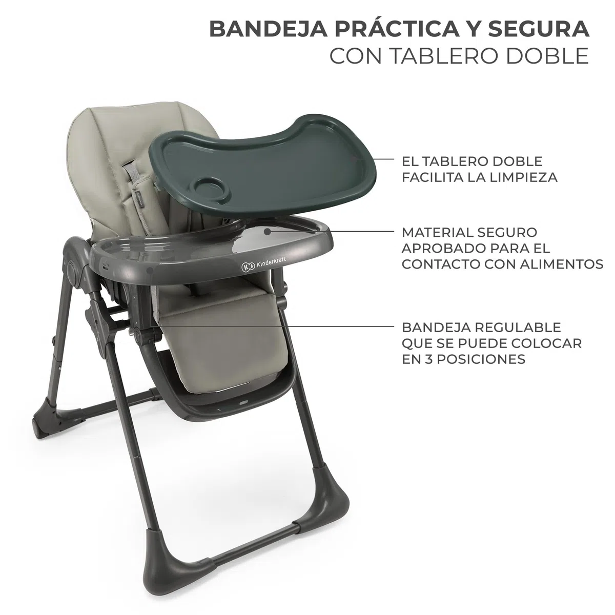 Kinderkraft TUMMIE Trona Bebé, 2 en 1, trona para niños, trona combinada, Asiento desde los primeros meses de vida, reposapiés, Posición tumbada, con juguetes, ajustable, Gris