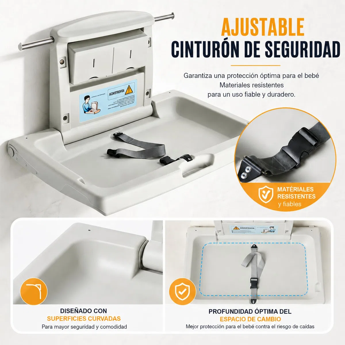 Cambiador bebe plegable de pared, cambiador de bebe para baños públicos con cinturón de seguridad ajustable, ganchos laterales y cajas de almacenamiento plegables