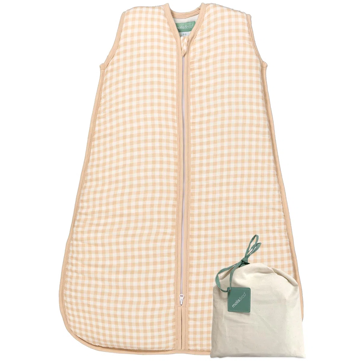 molis&co - Saco Dormir Bebé TOG 1-95 cm (18-36 Meses) - Saco Dormir Bebe Primavera y Otoño sin Mangas - Saco de Dormir Bebe para Niños Niñas (Unisex) - Muselina de Bambú Premium - Vichy Sand