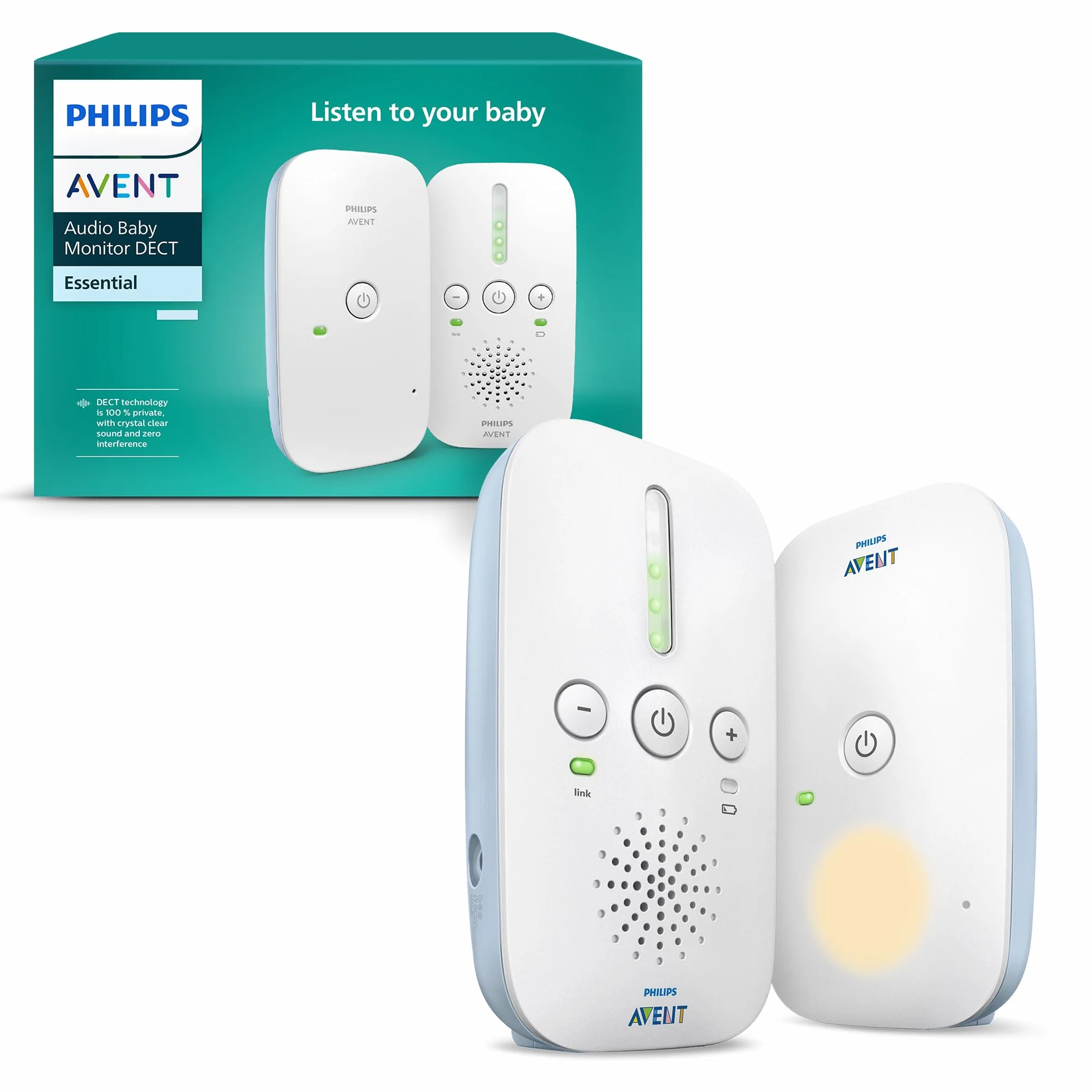 Philips Avent, vigilabebés con Audio DECT, Audio bidireccional, sin interferencias, Rango de 330 m, 24 Horas de duración de la batería, Modo ecológico Inteligente, luz Nocturna, SCD503/26