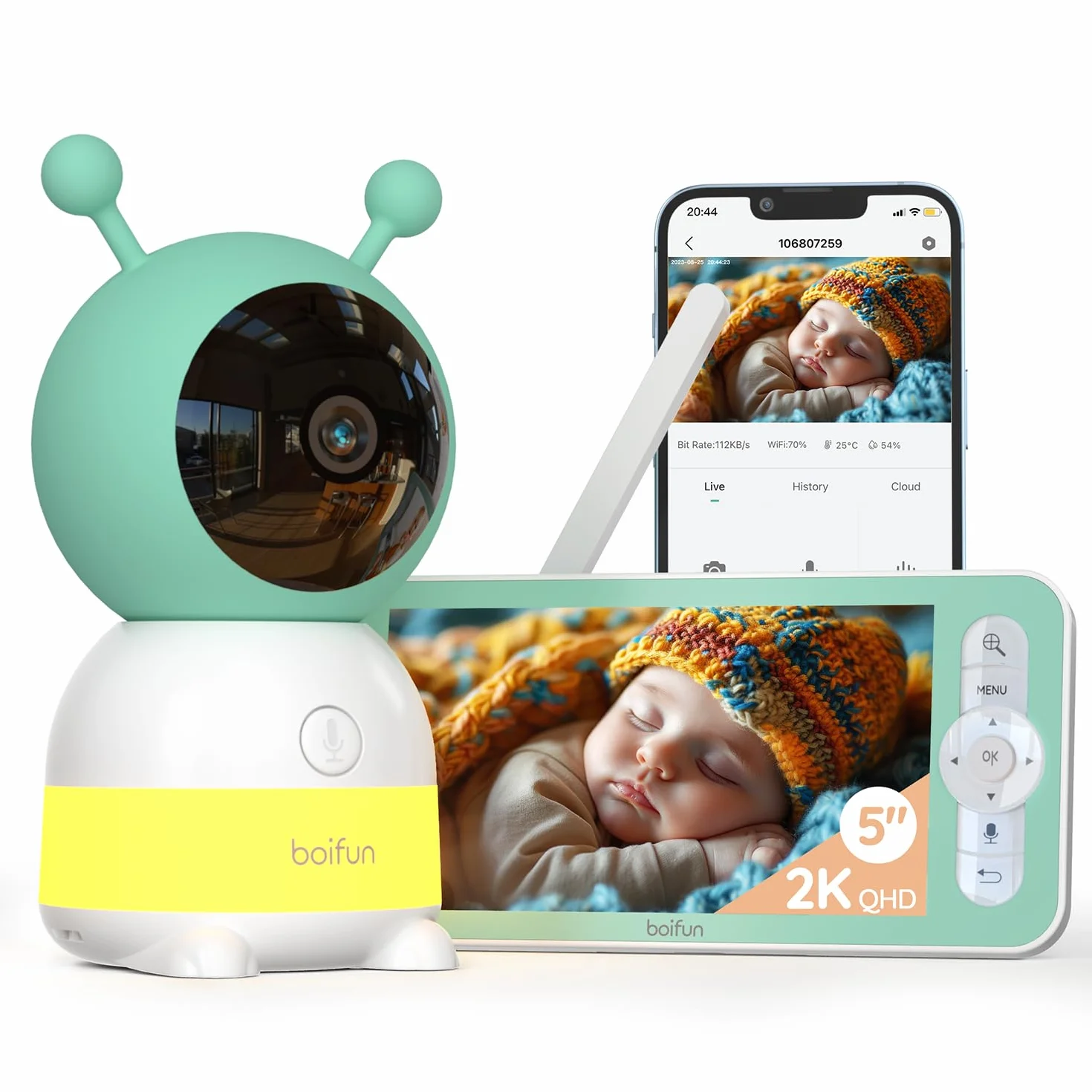 BOIFUN 2K Camara Vigilancia Bebe, Luz Nocturna Infantil, Teléfono Móvil y Monitor 5", Monitoreo de Movimiento, Seguimiento Automático 360°, Alarma de Área Personalizada, Zoom 4X, Material ABS Seguro