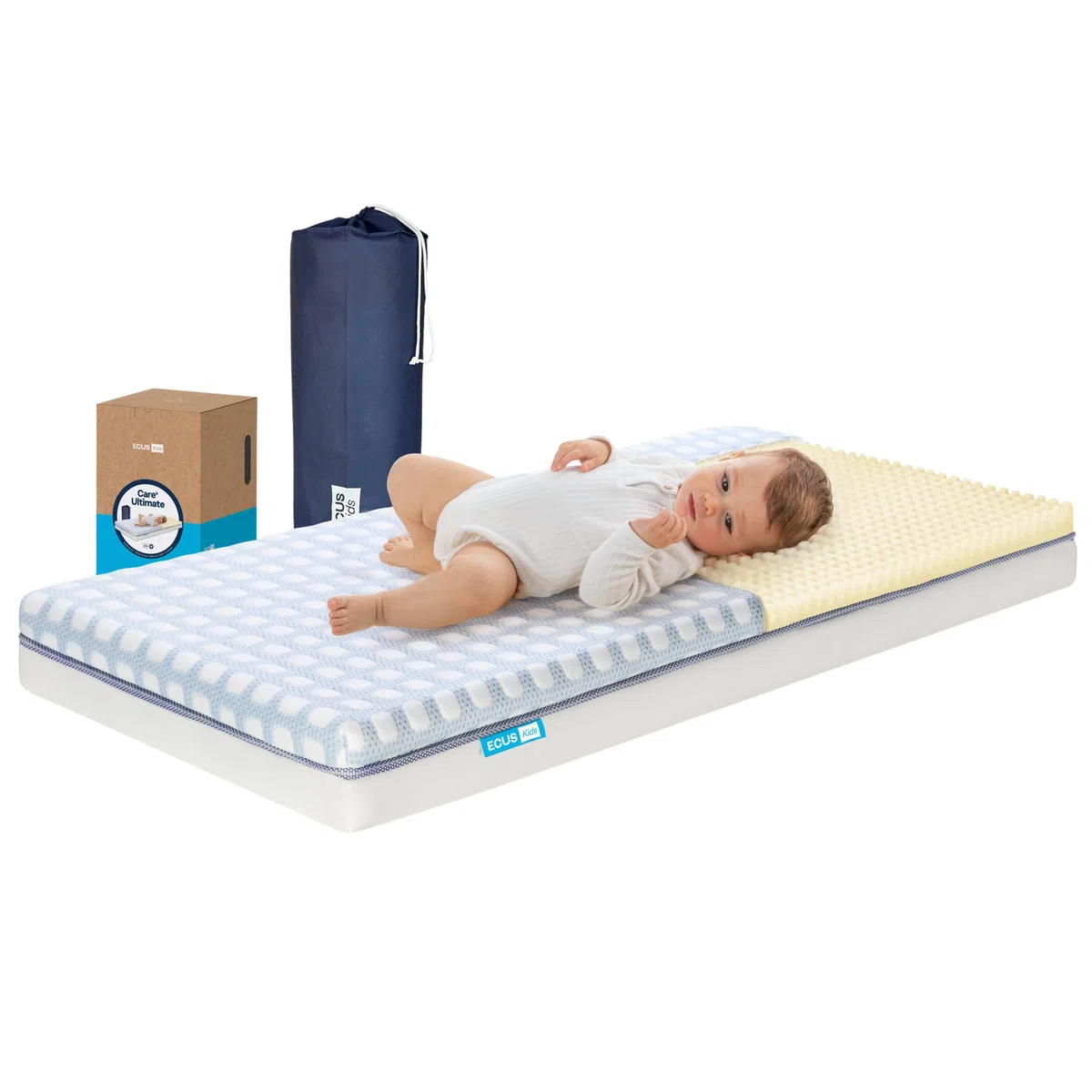 ECUS Kids Colchón Cuna 70x140 cm Care Ultimate, Antiplagiocefalia, Tejido Xtra-Cool, Topper Extraíble, Hipoalergénico, Altura 12 cm