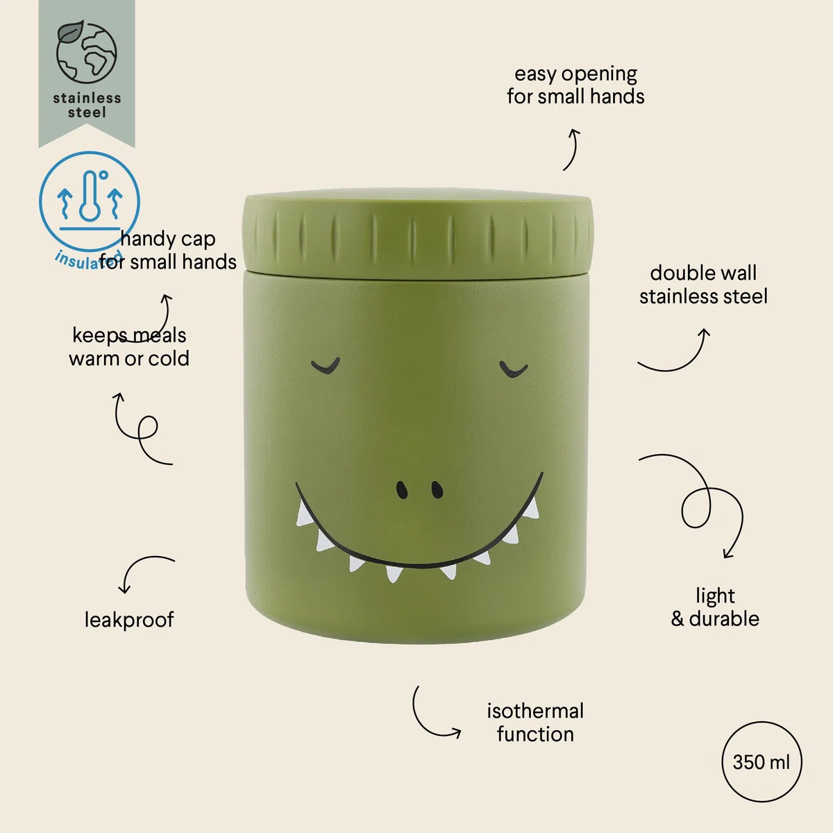 Trixie Tarro aislado para alimentos, Mr. Dino, 350 ml, a prueba de fugas y portátil, mantiene la comida caliente o fría, acero inoxidable, contenedor de almuerzo para niños