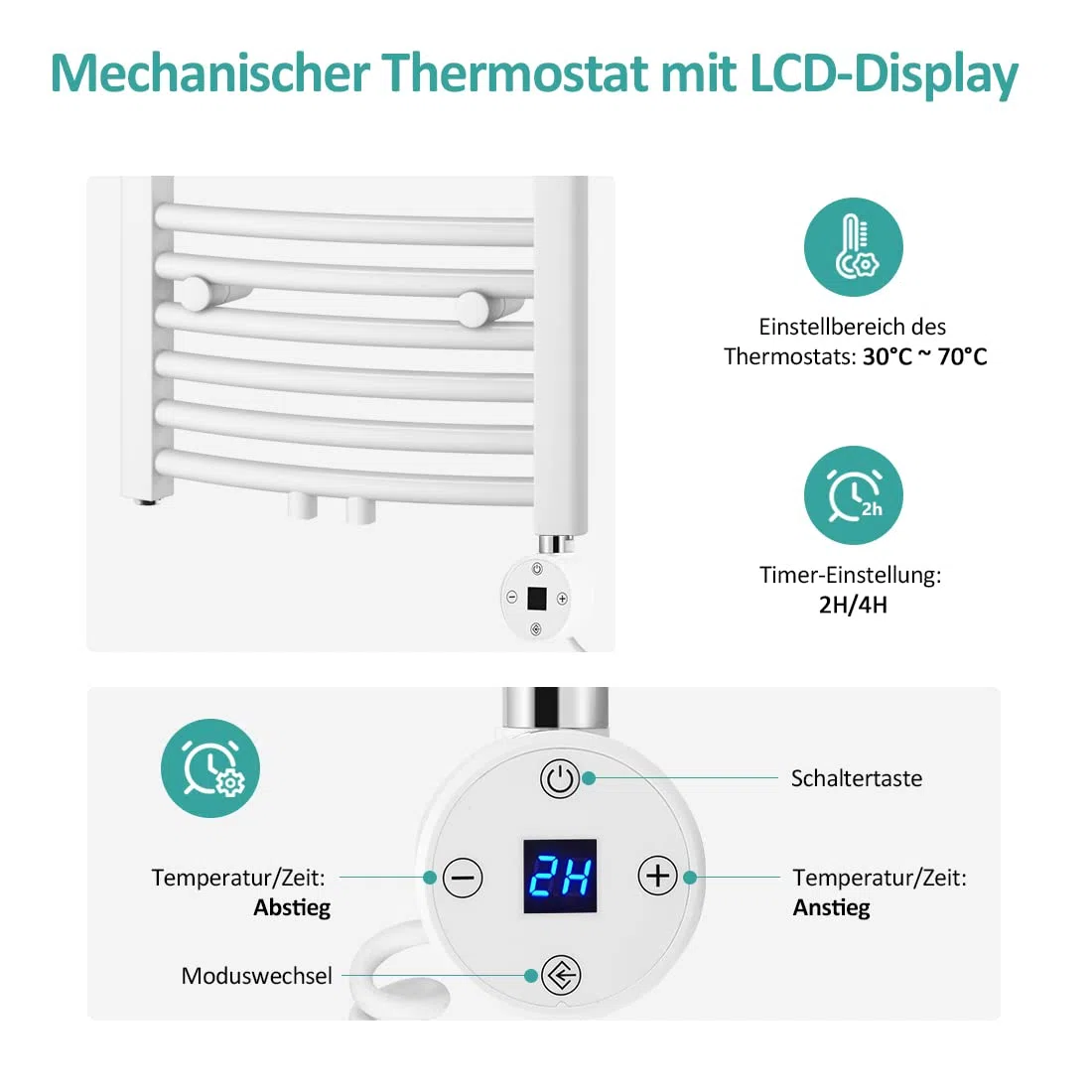 EMKE Varilla calefactora 900 W para radiador de baño, Cartucho de calefacción de Acero Inoxidable para radiador toallero eléctrico, Barra de calefacción con termostato y regulador de Temperatura,