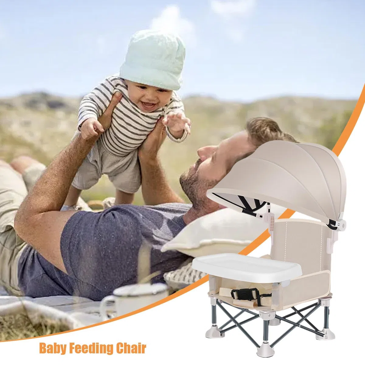 Trona Para Bebé Plegable Con Asiento Elevador, Silla Portátil de Playa Con Bandeja Extraíble y Sombrilla Para Alimentación y Viaje