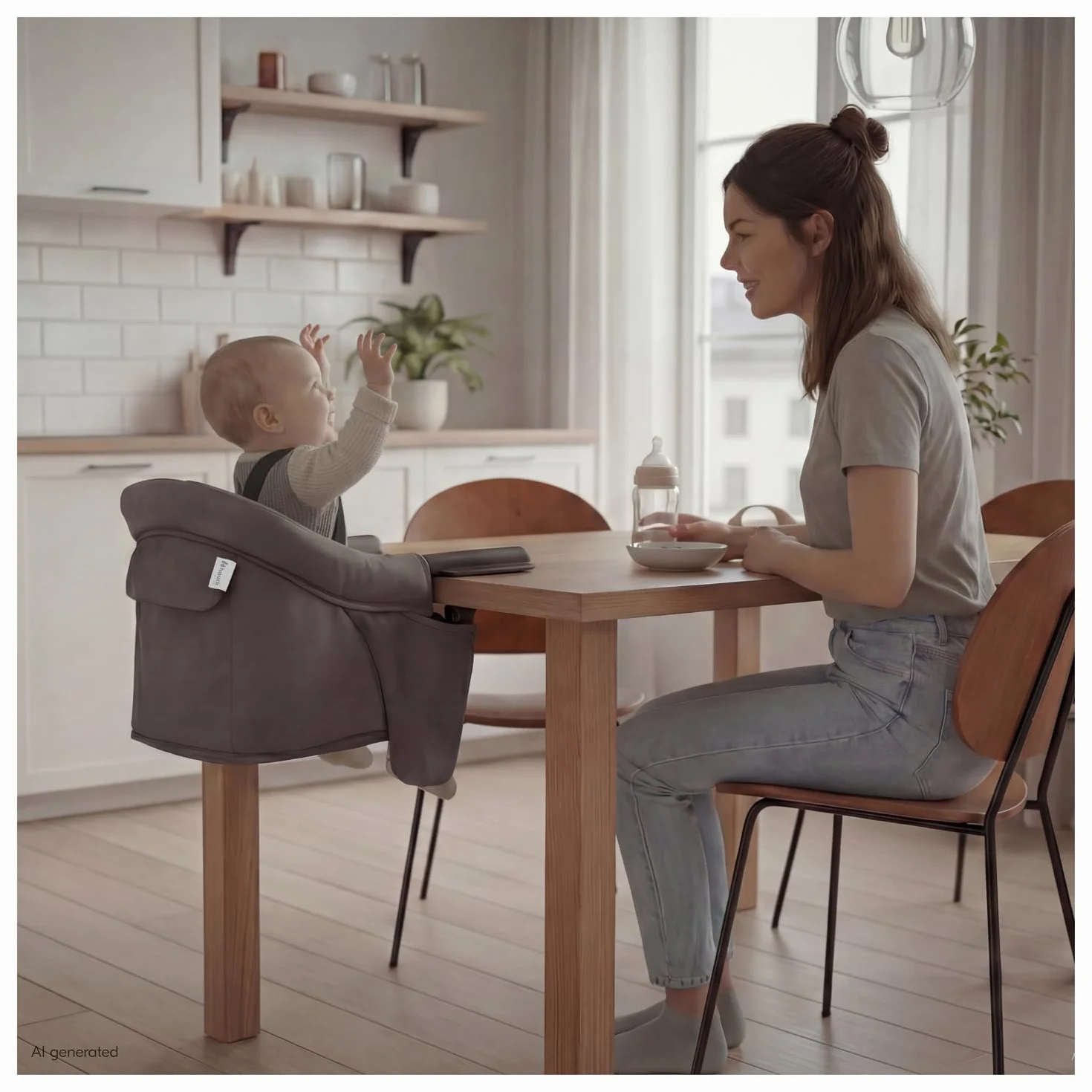 hauck Fix N Sit Silla de Mesa Bebé | Trona de Viaje Plegable con Arnés de 5 Puntos desde 6 Meses hasta 15 kg - Fijación Segura - Bolsa de Transporte - Ligera y Compacta - Ideal para Viajar - Gris
