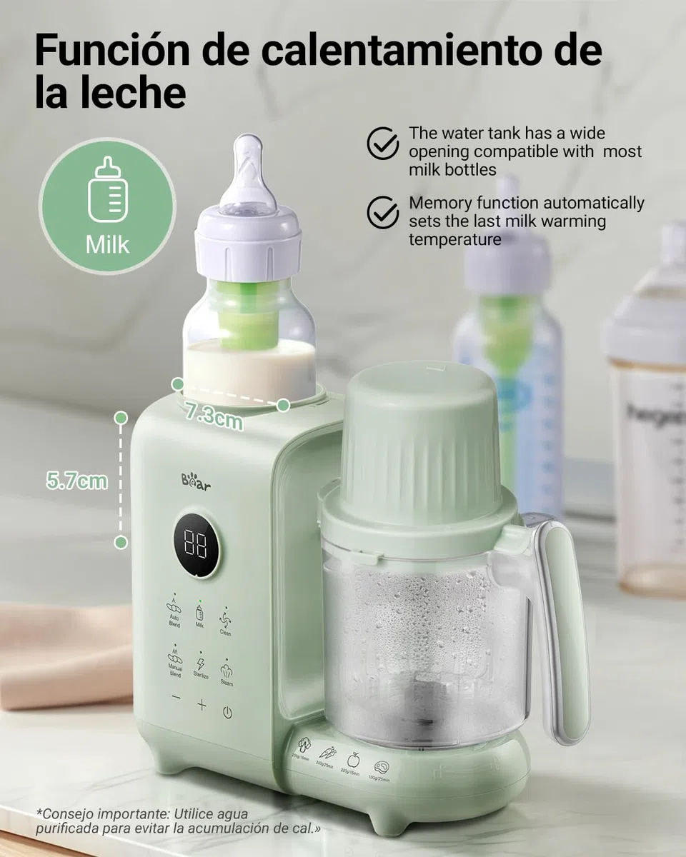 Bear Vaporera 6 en 1 con batidora premium para alimentos para bebés, vapor, agitación automática, calentamiento de leche, desinfección, función de autolimpieza, función de limpieza automática (Verde)